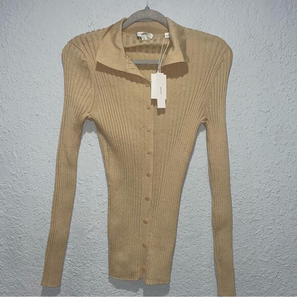 VINCE Ribbed Collared Polo Style Knit Fitted Cardigan Sweater Top L NWT - Picture 3 of 9
